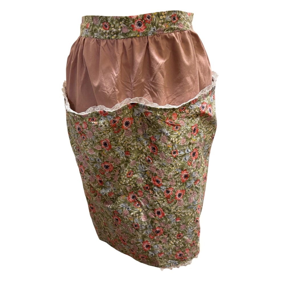 Handmade Floral Half Apron Lace Pockets Trim Cottagecore Shabby Chic Pink Green